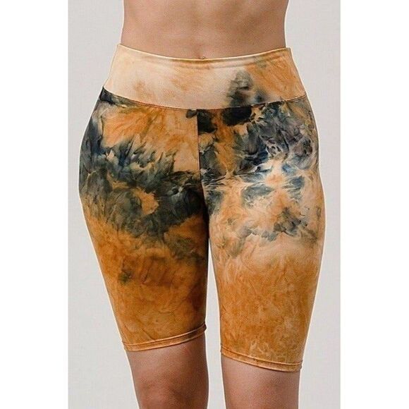 S/M Tie Dye High Waisted Biker Shorts - 3 Inch Waist‎ Brown/Black - Picture 1 of 5